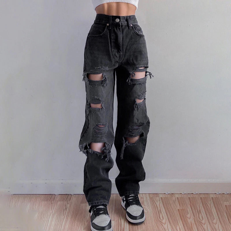 2024 Novas Calças Jeans Rasgadas de Cintura Alta Moda Feminina Hip Hop Punk Roupas Jeans Soltas Vintage Femininas Calças Jeans Rasgadas Streetwear