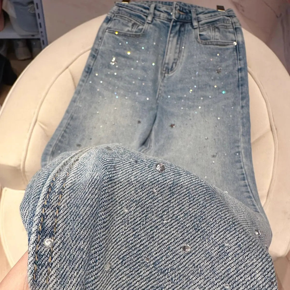 2024 Primavera Novas Calças Jeans Retas Estreitas Femininas Emagrecedoras Moda All-Match Strass Calças Jeans Femininas