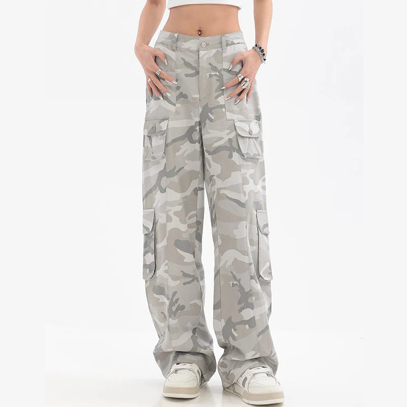 Calça cargo feminina hip hop cinza camuflada estilo americano Y2K calças largas largas retas soltas vintage calças de moletom casuais