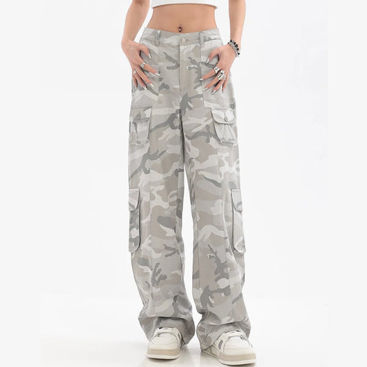 Female Hip Hop Grey Camouflage Cargo Pants American Style Y2K Oversized Loose Straight Wide Leg Pants Vintage Casual Sweatpants