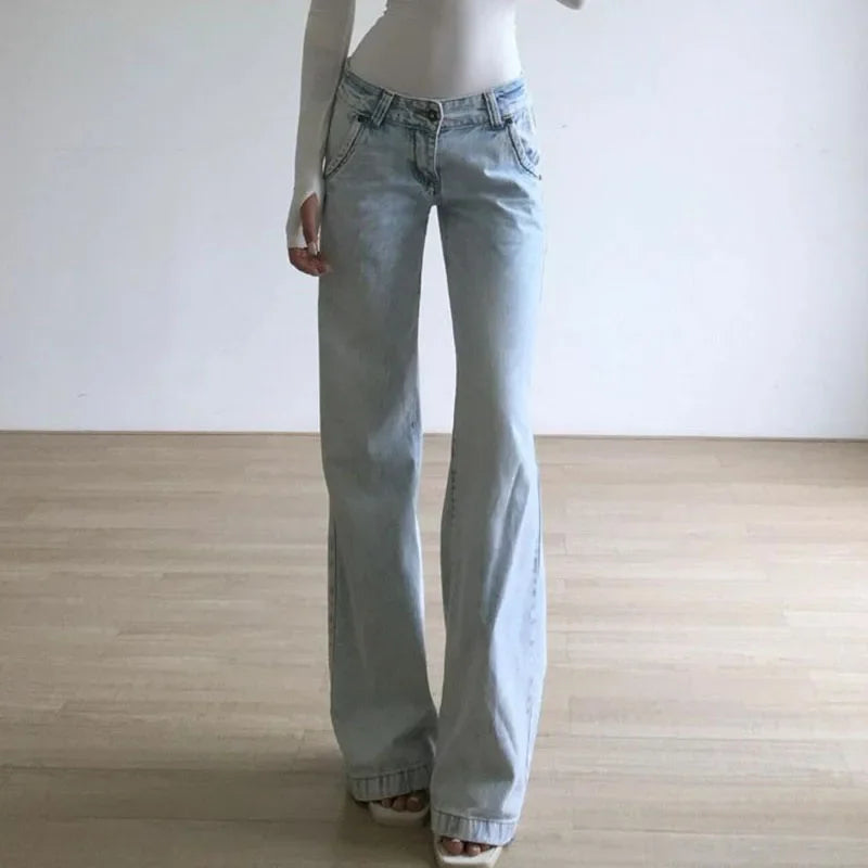 Light Blue Low Waist Jeans for Woman American Vintage Streetwear Denim Pants Women Y2K Fashion Washed Straight Trousers