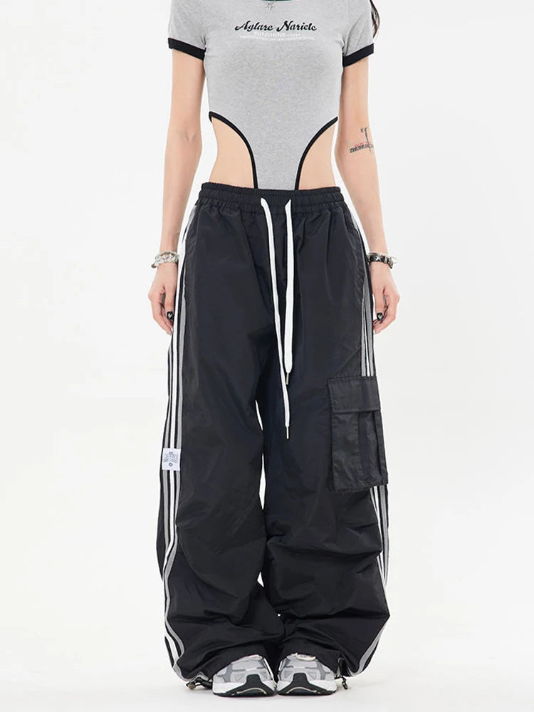 Y2K Kpop Cargo Pant Mulheres Cordão Bolsos Perna Larga Chic Punk Calças Largas Listradas Esportes Calças de Moletom Parachute Jogger Calças