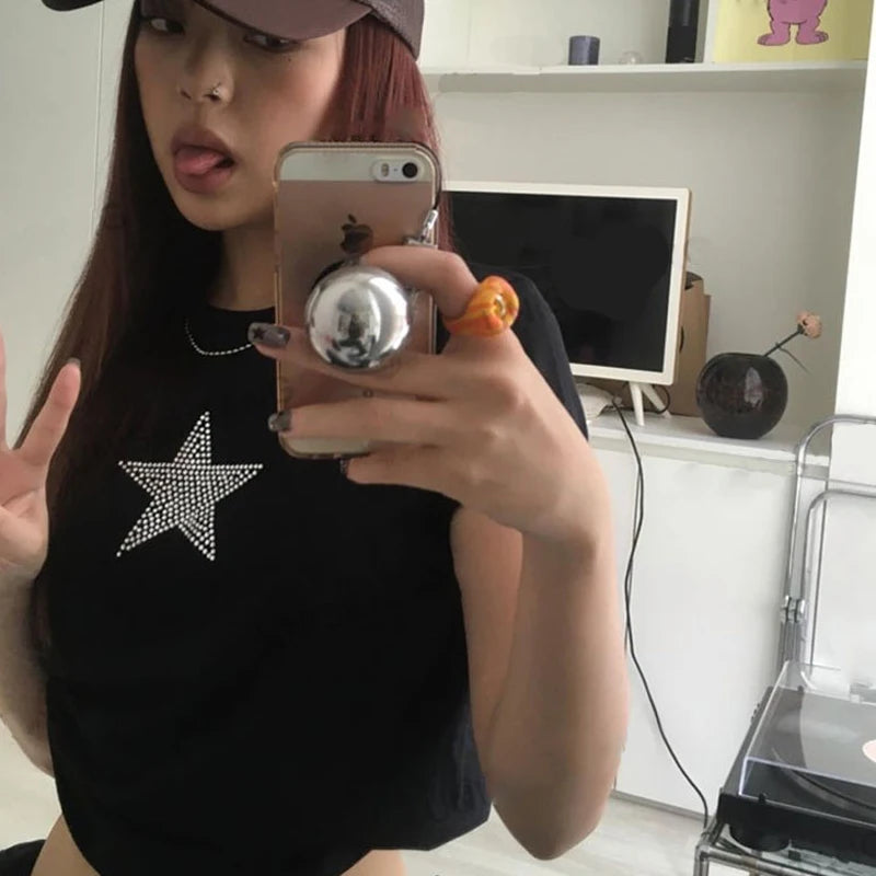 Aesthetics Stars Rhinestone Summer Harajuku T Shirt Top E-girl Graphic Grunge Black Crop Top Baby tee Gothic Y2K Streetwear EMO