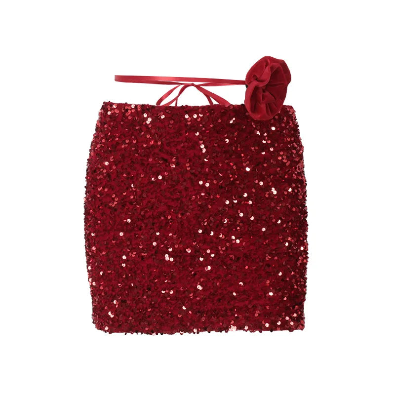 PixieKiki Sparkling Sequins Red Skirts for Woman Clothing Sexy Club Wear Mini Skirt with Floral Applique Summer 2025 P33-BD18