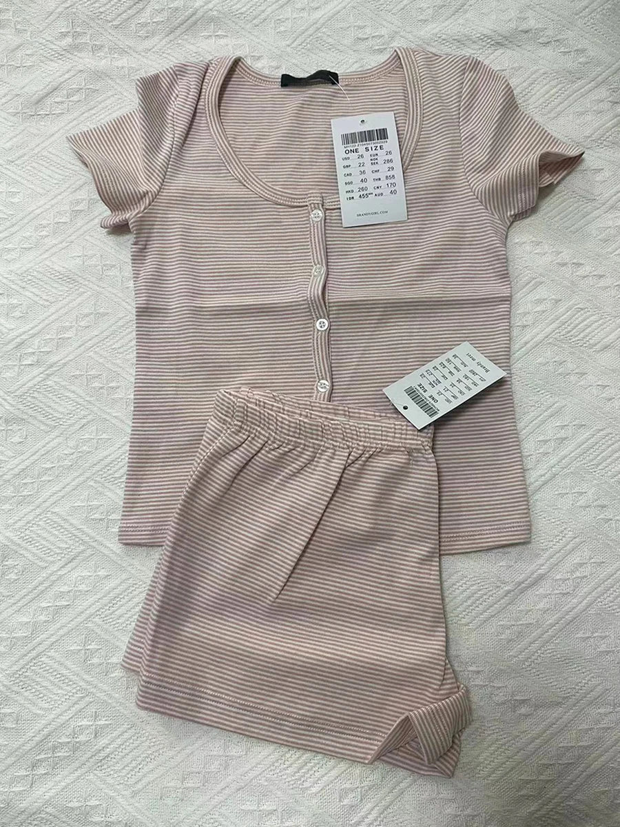 Conjunto de 2 peças de colete e shorts de algodão listrado rosa, feminino, regata slim com elástico, cintura alta, calças curtas retas, conjuntos fofos