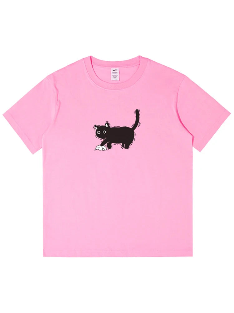 Streamgirl Pink Casual Short Sleeve T-shirt For Women Cotton Loose Top Tees Basic Loose T Shirt Cats Print Women 2024 Summer