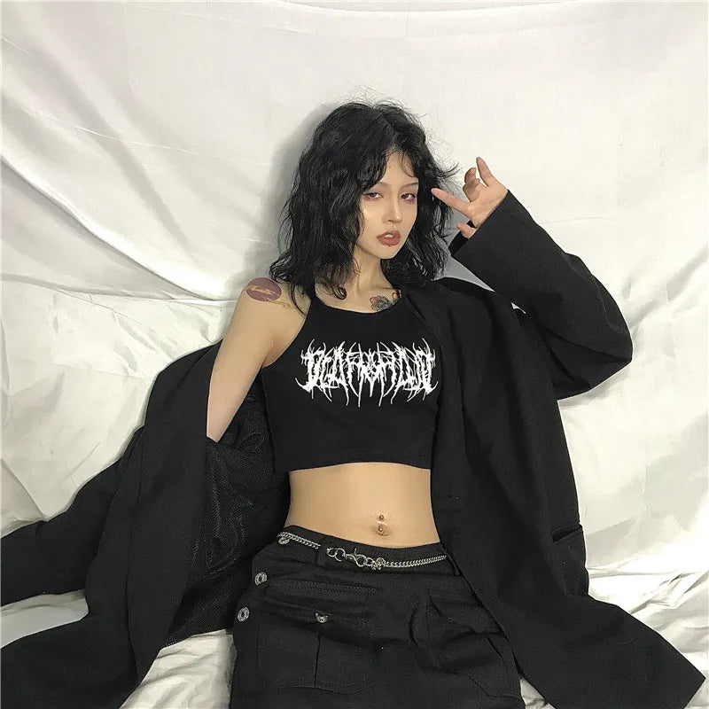 Y2k Goth Punk women Halter gothic egirl Patchwork Sling crop top Sexy Cut Out Casual t-shirt black graphic dress kpop clothing