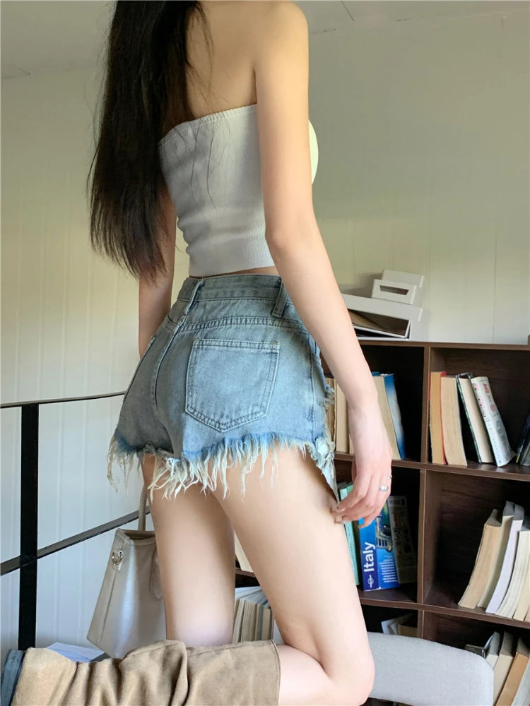 Denim High Waisted Shorts Women Summer Sexy Fashion Leaky Pocket Slim All-match Spicy Fur-lined Tassel Distressed Design A-line