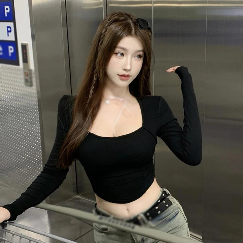 Long Sleeves T Shirt Solid Colour Korean Version Kink Backless Women's Crop Top