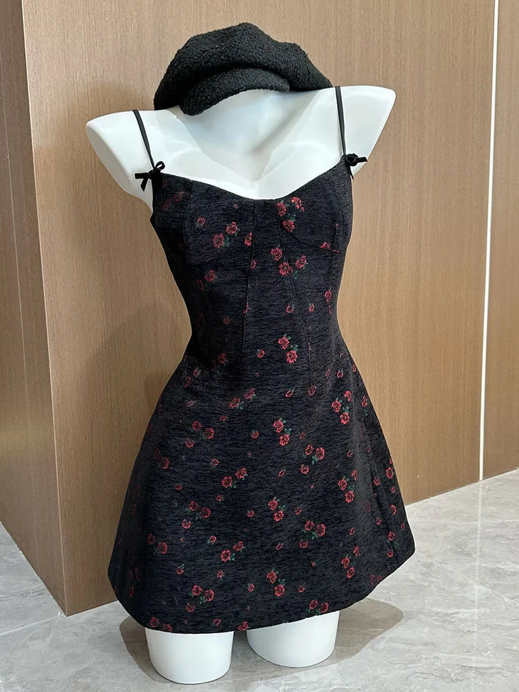 High Quality Women Print Spaghetti Strap Dress Sleeveless Fashion Sweet Temperament Y2K Streetwear One-Piece Frocks Black Gothic