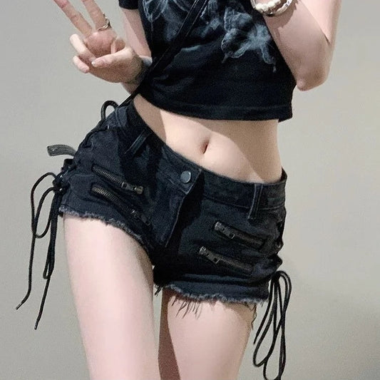 American Street Black Gray Zipper Denim Shorts Women 2025 Summer New Hot Pants Y2k E-Girl All-match Lace Up Ropa Mujer