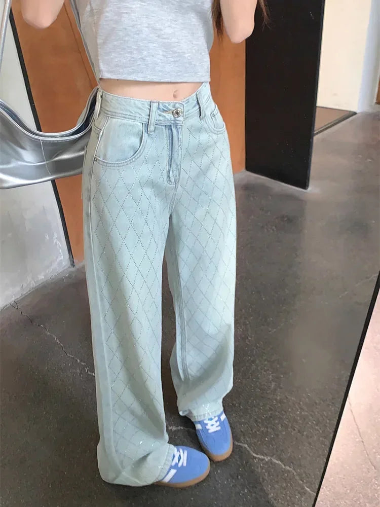 Women Blue Baggy Plaid Jeans Vintage Y2k Cowboy Pants Harajuku Aesthetic Denim Trousers Trashy Japanese 2000s Style Clothes 2024