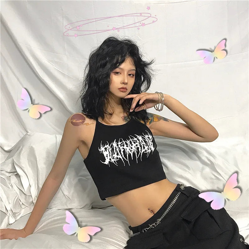 Y2k Goth Punk women Halter gothic egirl Patchwork Sling crop top Sexy Cut Out Casual t-shirt black graphic dress kpop clothing