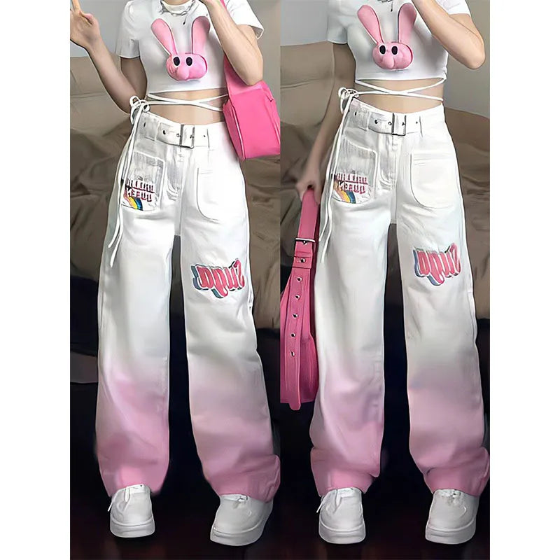 Individualized Street Hip Hop American Retro Gradient Pink Jeans Autumn High Waist Zipper Button Pocket Washed Straight Trousers