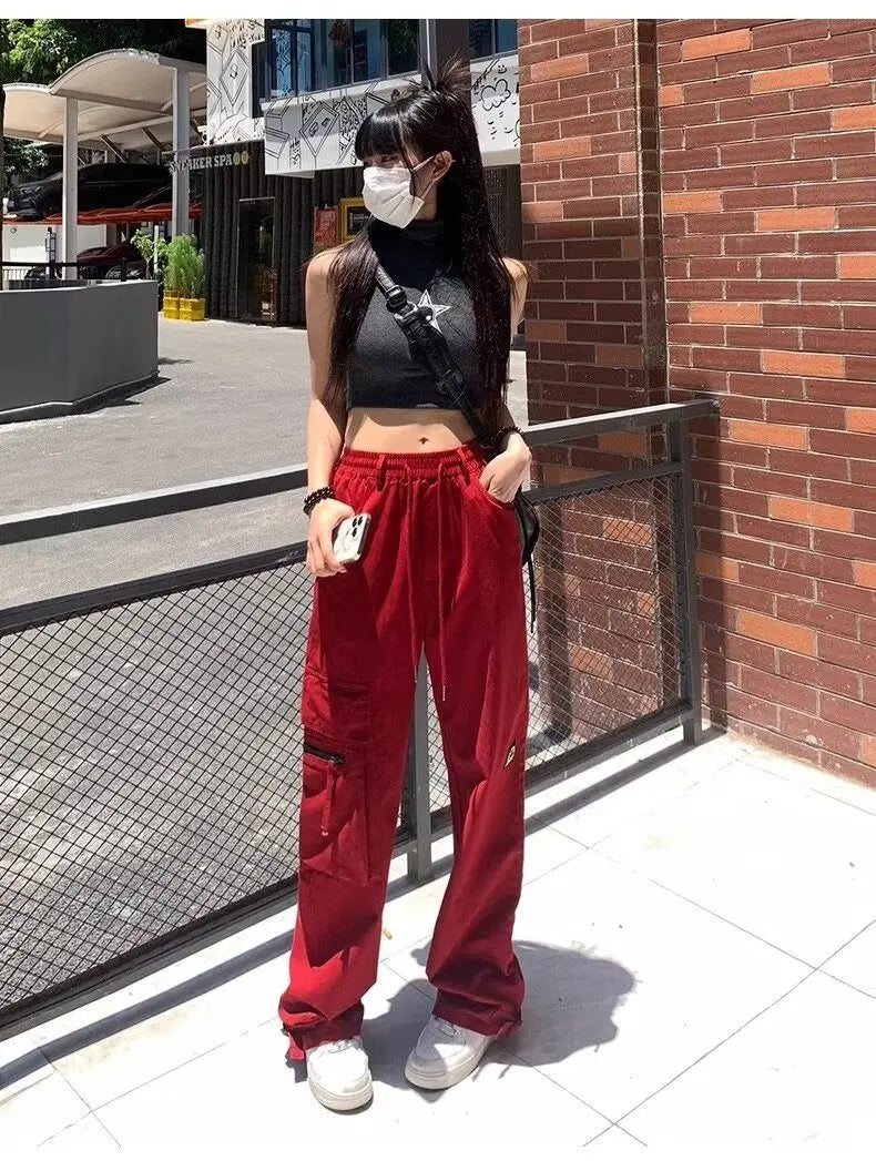 Casual Red Color Women Y2k Street Hip Hop Sweatpants Oversized Trousers Vibe Dance Jazz Long Baggy Cargo Pants Women's Clothing