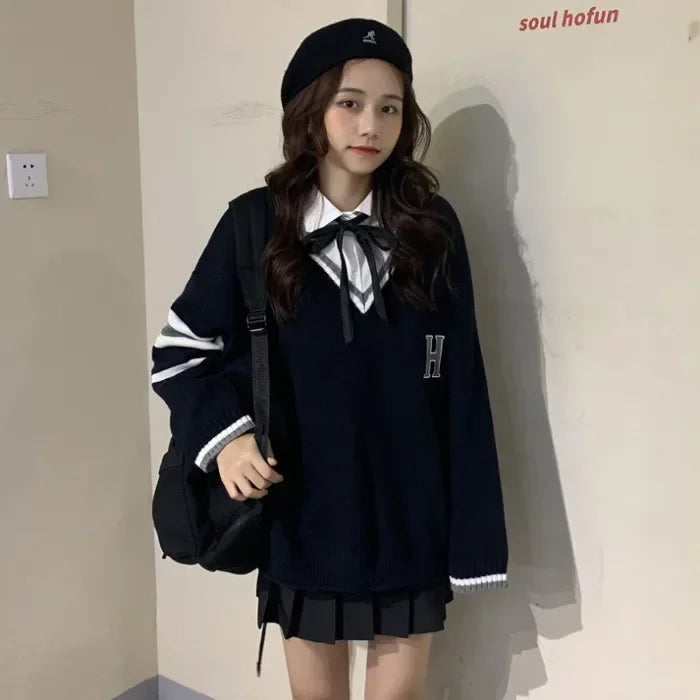 Japanese School Uniform Preppy Style Sweater Women 2022 Autumn New Korean Fashion Loose Simple V-neck Casual School Sweater