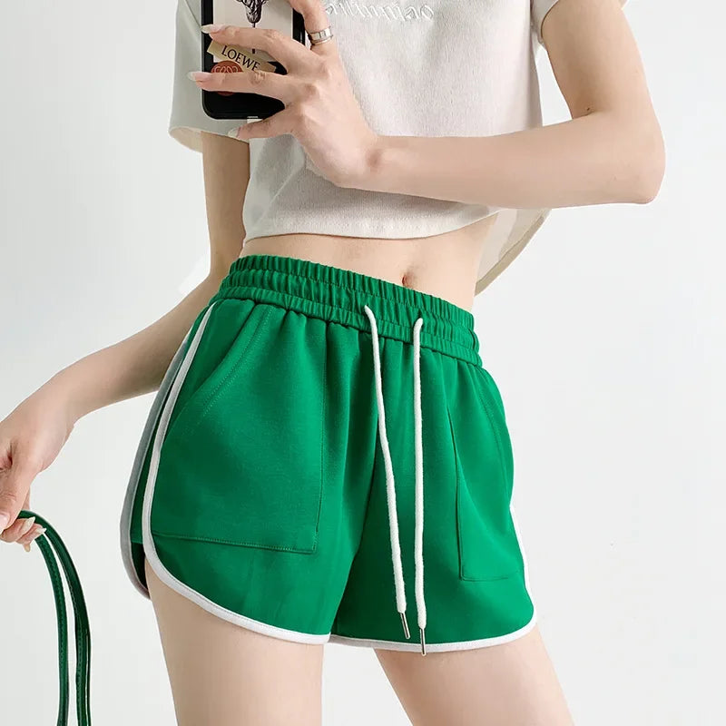 Women High Waist Drawstring Pocket Sports Shorts Casual Loose Fitness Running Shorts Elastic Yoga Cotton A-line Shorts Summer