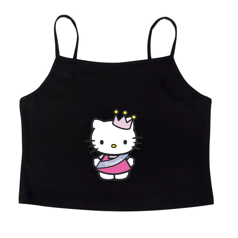 Summer Retro Korean Style Sanrio Hello Kitty Y2k Spicy Girl Cute Vest T-shirt Top Short Style Sleeveless Casual Top