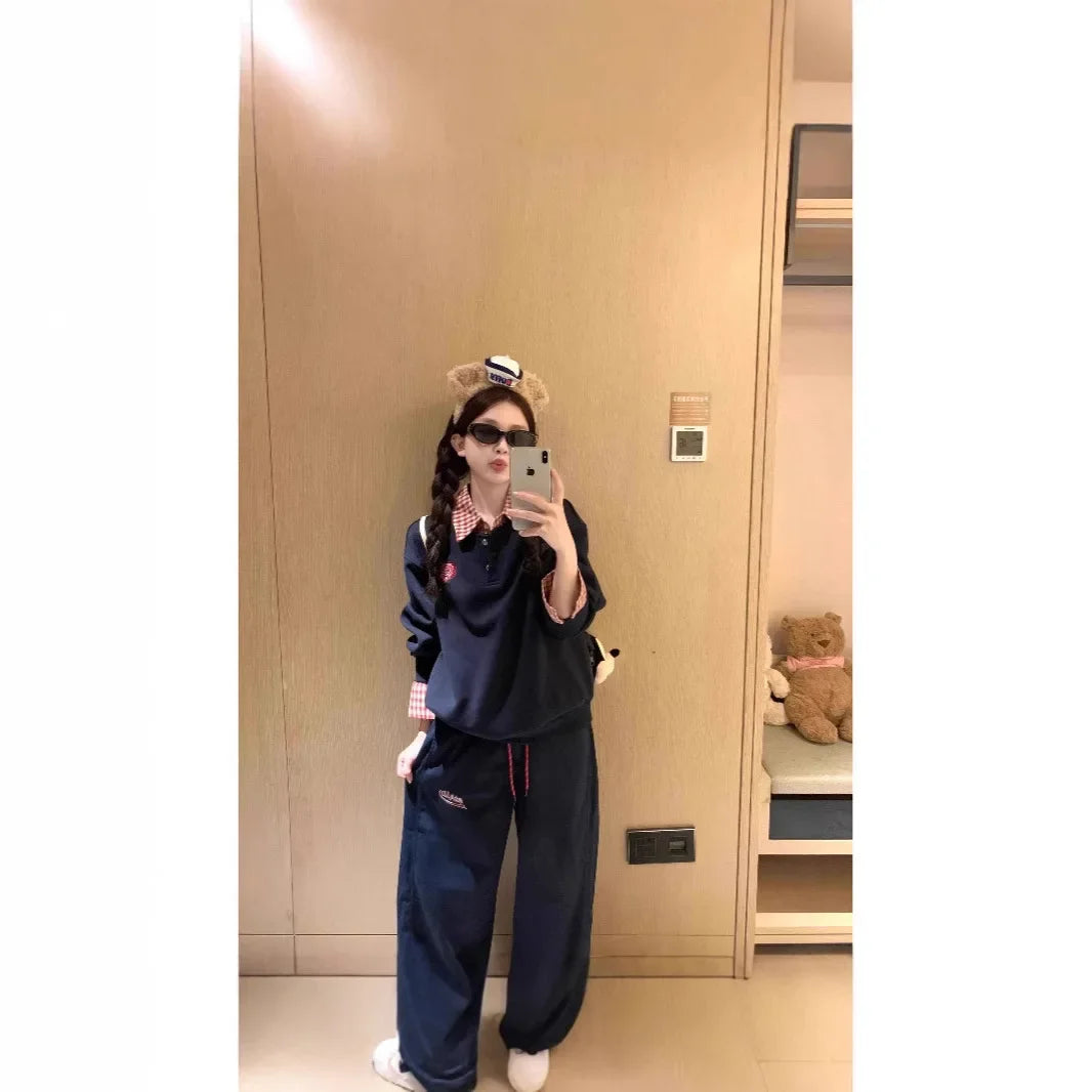 American Style Cerulean Blue Green Embroidered Two-Piece Illusion Bell Bottoms Women's Casual Wide Leg Sweatpants For Spring And