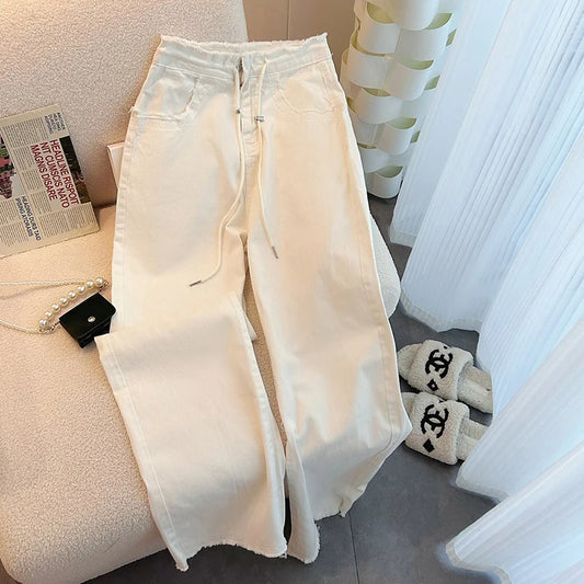 Bomon Design Waist Drawstring Adjustable Jeans For Women In Spring High Waist Loose Slim White Jeans Wide Leg Mopping Pants