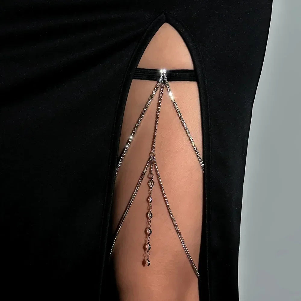 Sexy Bohemian Crystal Elastic Leg Thigh Chain for Women Sexy Multilayer Tassel Rhinestone Harness Adjustable Body Jewelry