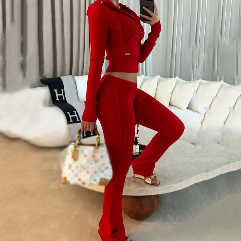 Wefads Women Two Piece Set Autumn Casual Simple Solid Long Sleeve Zipper Hooded High Waist Sweatshirt Loose Pants Set Streetwear