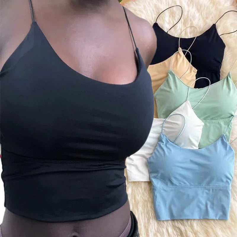 New Summer Ice Silk Vest Top Women Sexy Built In Bra Off Shoulder Sleeveless Camisole Underwear Crop Tops Sports Spaghetti Strap