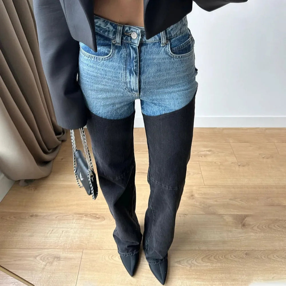 Women's 2025 New Denim Jeans Fashion Spliced Color High Waist Straight Female Pants Highstreet Trend Slim Female Clothing ﻿