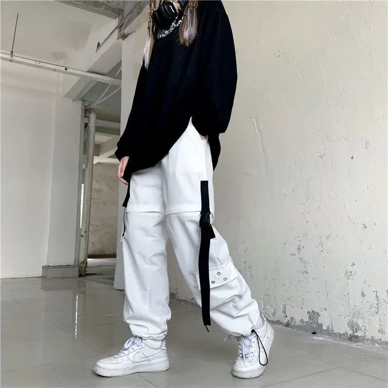 Calça cargo streetwear primavera verão feminina harajuku slim punk fitas joggers cintura elástica tornozelo comprimento calças para meninas