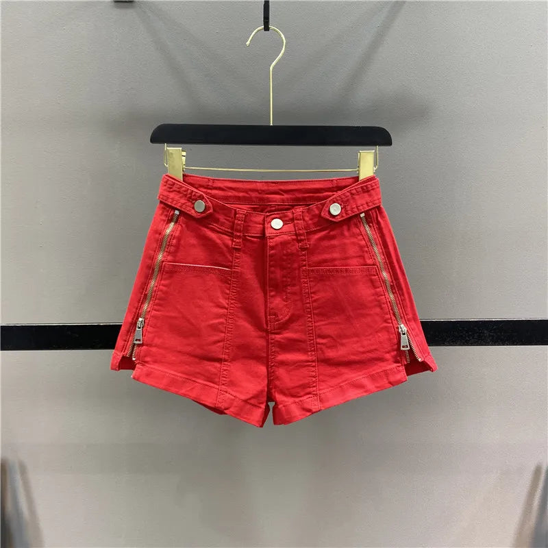 Red Denim Shorts 2024 Spring/Summer New Zipper Split Casual Jeans Women's High Waisted A-line Wide Leg Pants Fashion streetwear