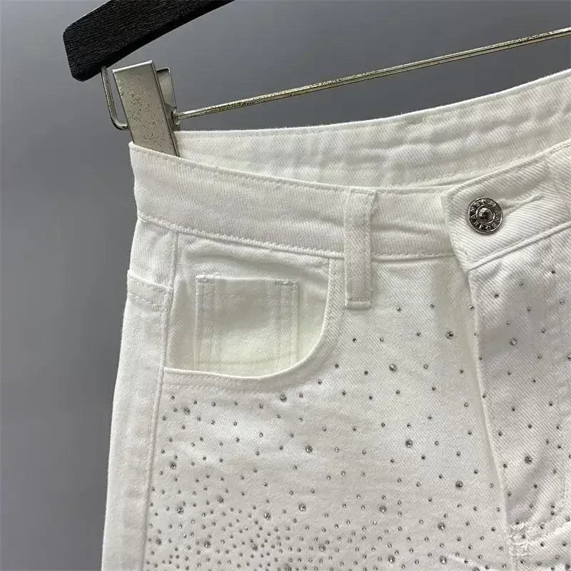 Indústria Pesada Shorts Jeans Rasgados Femininos Calças Quentes 2024 Nova Cintura Alta Emagrecimento Produtos Europeus Cor Strass Calças de Perna Larga