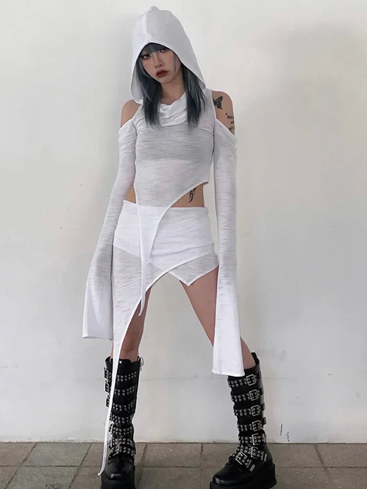 Sexy Y2k 2 Piece Sets Womens Outfits Casual High Waist Hooded Long Sleeve Skirt Sets Summer Fashion Trend Solid Color Slim Skirt