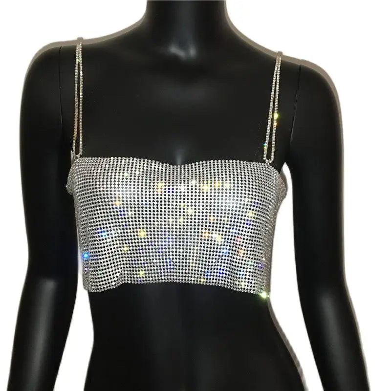 2022 Lantejoulas Brilhantes Cristal Corrente Regata Glitter Metal Malha Halter Alça Metálica Tops Curtos Festival Festa Sexy Roupas Femininas