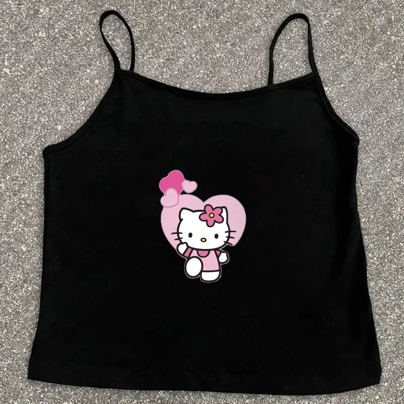 Summer Retro Korean Style Sanrio Hello Kitty Y2k Spicy Girl Cute Vest T-shirt Top Short Style Sleeveless Casual Top