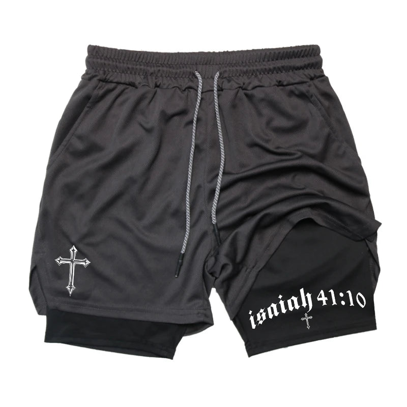 Cross Bible Graphic 2 in 1 Athletic Shorts for Men Christian Gym Workout Running Shorts with Phone Pocket Towel Loop Active Wear