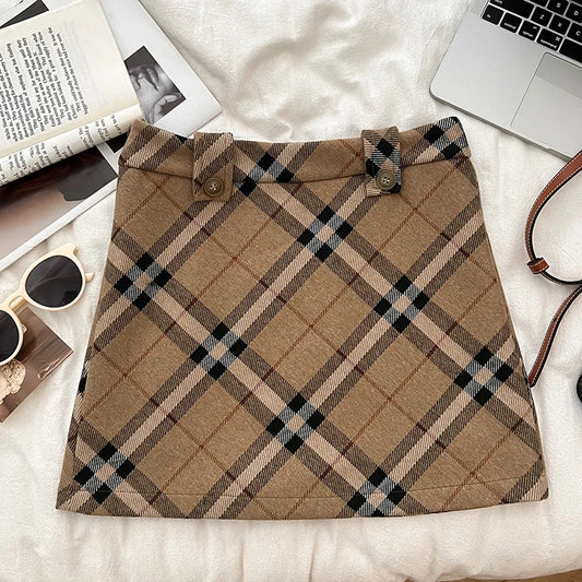 Women's Autumn Winter Vintage Plaid Short Skirt Lady Streetwear High Waist Wool&blend Mini Skirt