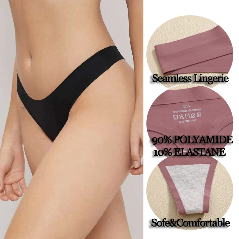 FINETOO 4PCS Seda Cetim Sem Costura Cueca Cintura Baixa Tangas Sexy Cor Sólida Biquíni Cuecas Femininas Elásticas Lingerie Íntima