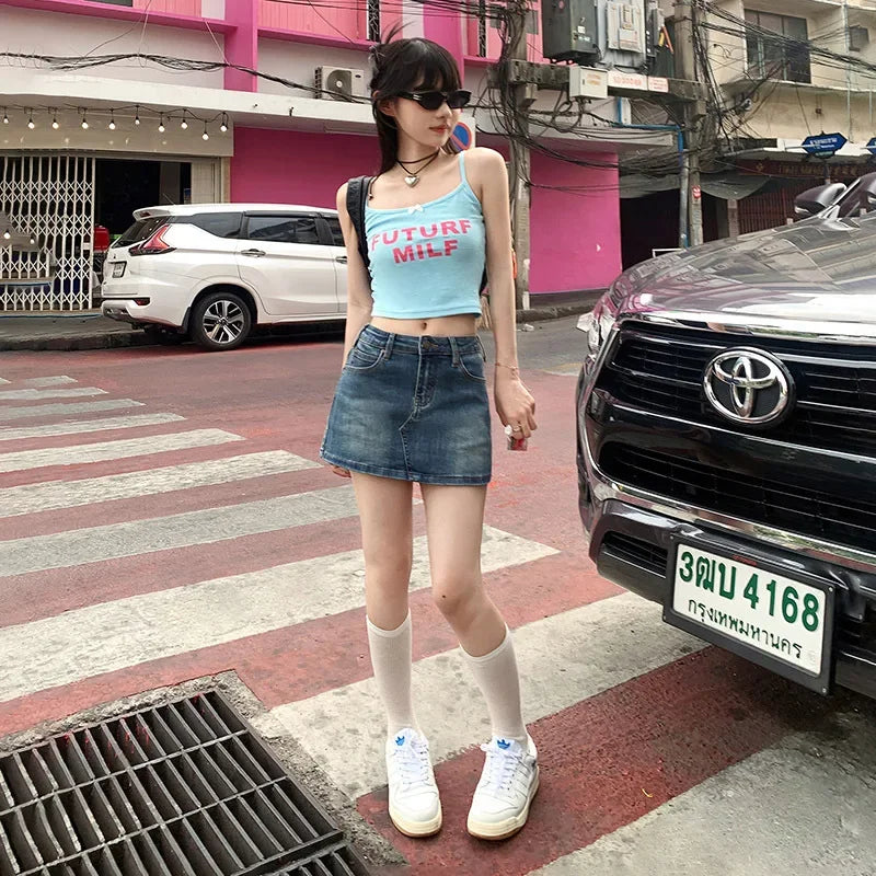 Vintage Sexy Denim Mini Skirt A- Line Waist High Waist Elastic Waist Female Summer 2024 New Arrival Packed Hip Half Skirt