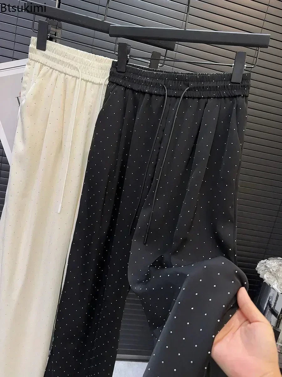 2025 High Quality Luxury Full Rhinestone Wide Leg Pants Fashion New Drawstring High Waist Straight Pants Ladies Casual Trousers