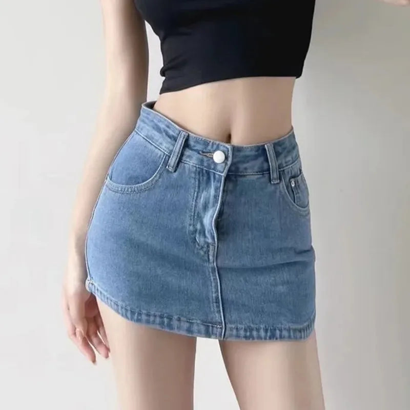 Saia curta jeans para mulheres sexy slim sólida cintura alta wrap quadril mini saias 2024 verão feminino bolsos básicos jeans linha a casual