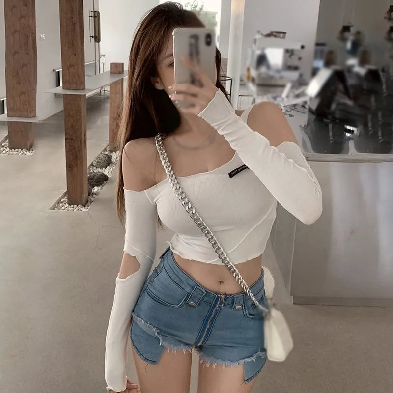 Off Shoulder Crop Top Autumn Women Sexy Hollow Out   Long Sleeve Tee Shirt Slim Skinny Ribbed Knitted T-shirt Irregular Tops