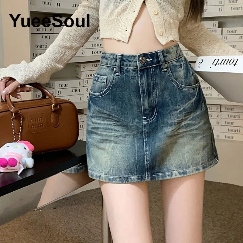 Blue Denim Skirt  A-Line High Waist Mini Skirt 2024 New Summer Y2K 2000s High Street Sexy Kawaii Cute Skirts for Women