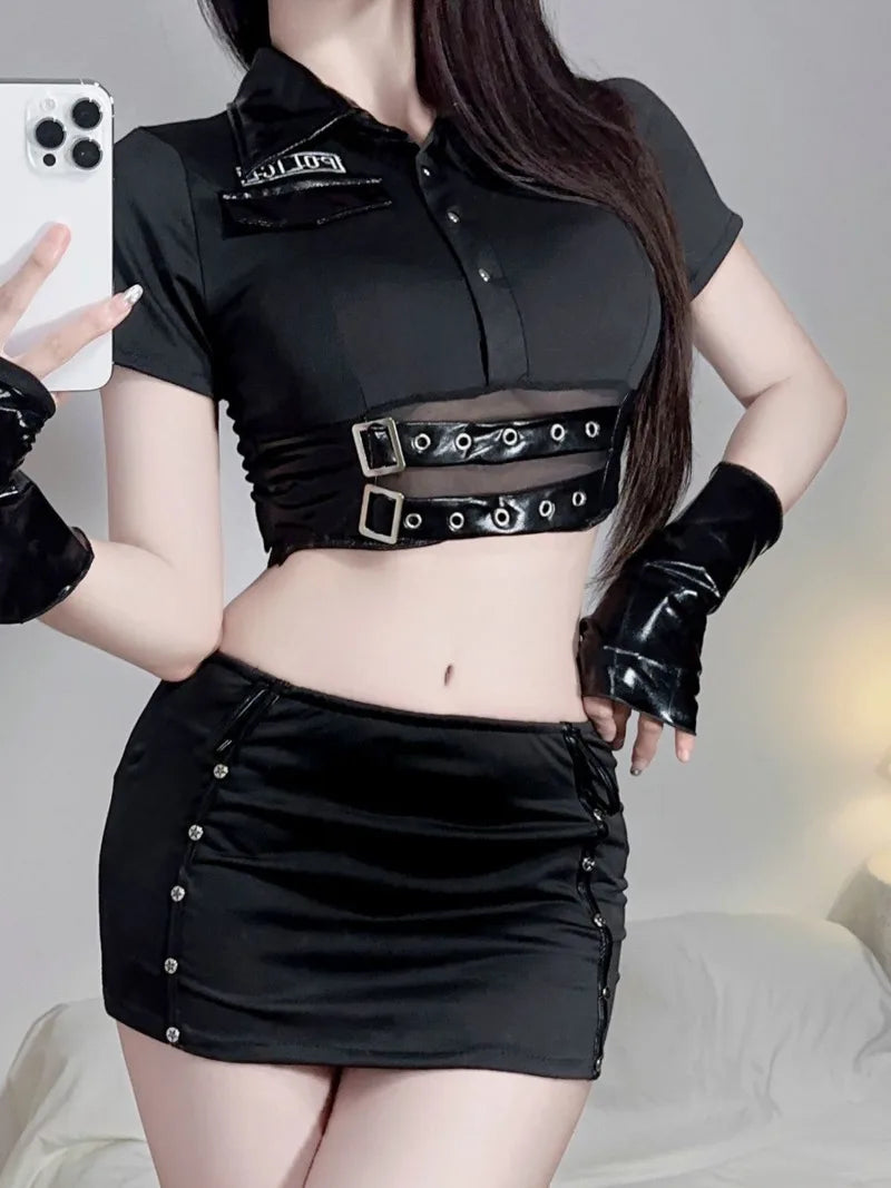 Sexy Women Leather Belt Zipper Design Erotic Nightclub Fashion Black Slim Top Uniform Sheer Role Playing Skirt Set Passion KXF6