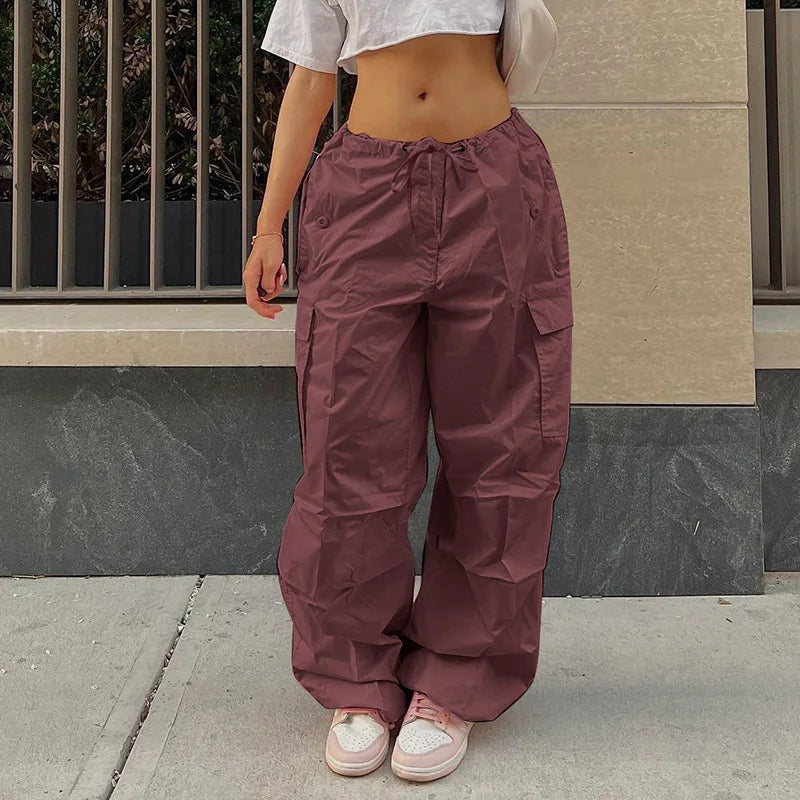 Calças femininas primavera outono sólidas calças soltas com cordão cintura baixa streetwear joggers baggy perna larga calças de moletom cargo