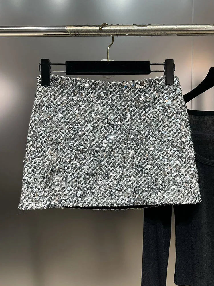 DEAT Trendy Fashion Women's Solid Color Sequins Woolen Skirt 2024 Winter New Items High Waist Wrap Hip Skirts Female 11XX7474