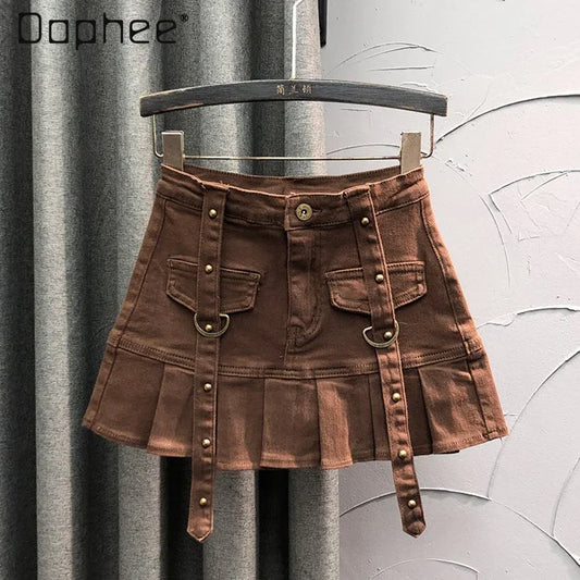 Fashion Rivet Pleated Mini Skirt Brown High Waist Fake Pocket Slim A Line Denim Skirt for Women Summer Red Black Blue Skirts