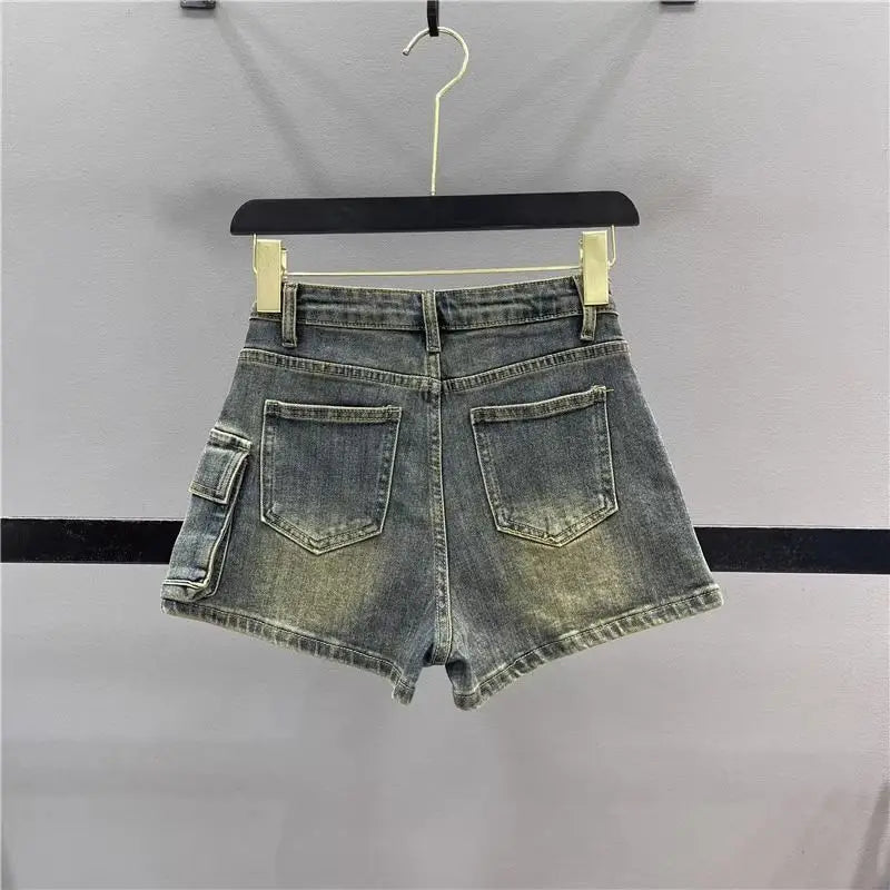 Denim Shorts Skirt Irregular Big Pockets Cargo High Waist Women Wash Grey Short A-Line Mini Skirt 2024 Summer New Fashion