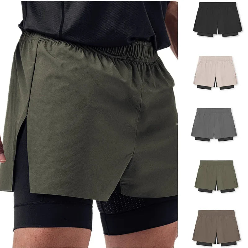 calças de moletom Treino de academia Novos shorts para o verão 2 em 1 Shorts de corrida masculinos de praia de secagem rápida