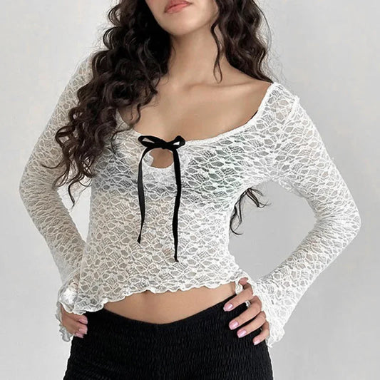 Sexy Lace Bow Asymmetrical T Shirts Transparent See Through Basic Slim Long Sleeve Tees Women 2024 Streetwear Smock