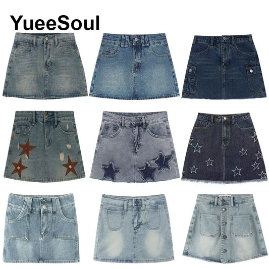 Blue Denim Skirt  A-Line High Waist Mini Skirt 2024 New Summer Y2K 2000s High Street Sexy Kawaii Cute Skirts for Women